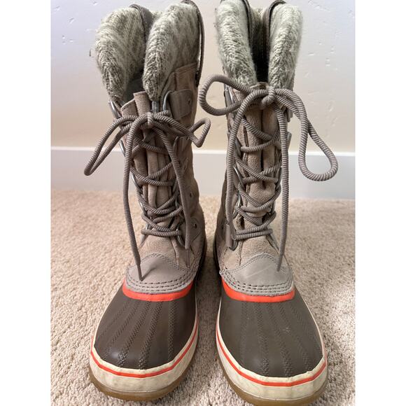 Sorel Joan of Arctic Waterproof Winter Knit Boot in Fossil Tan and Coral Accent - Picture 2 of 13
